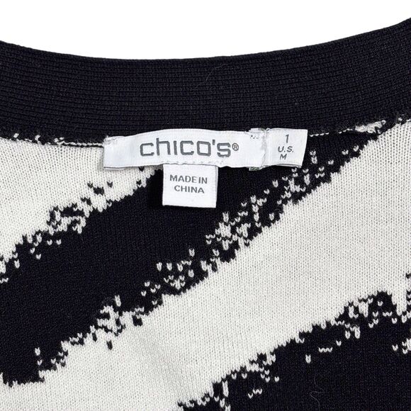 Chicos Long Sweater Cardigan Duster Open Front Size 1 Medium Black White Geo - Picture 10 of 11